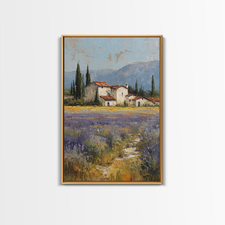 Lavender Field with Distant Stone Farmhouse Canvas Print, French Country Art, Minimalist Decor, Farmhouse Decor, Oil Painting, FCA-2x3-57