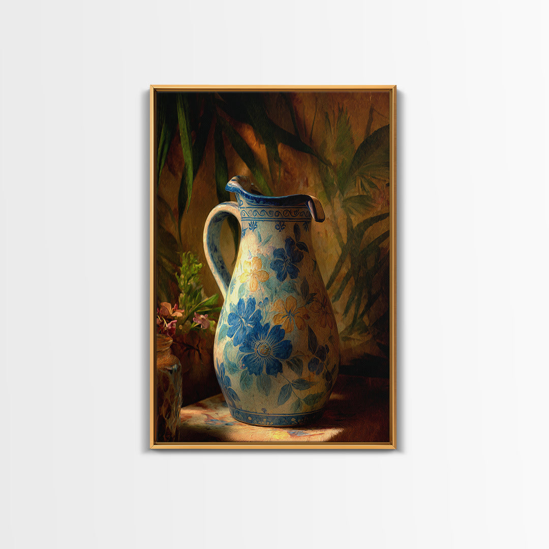 Blue and White Ceramic Pitcher Framed Canvas Print, French Country Art, Landscape Wall Art, Farmhouse Decor, Watercolor Art, FCA-2x3-59