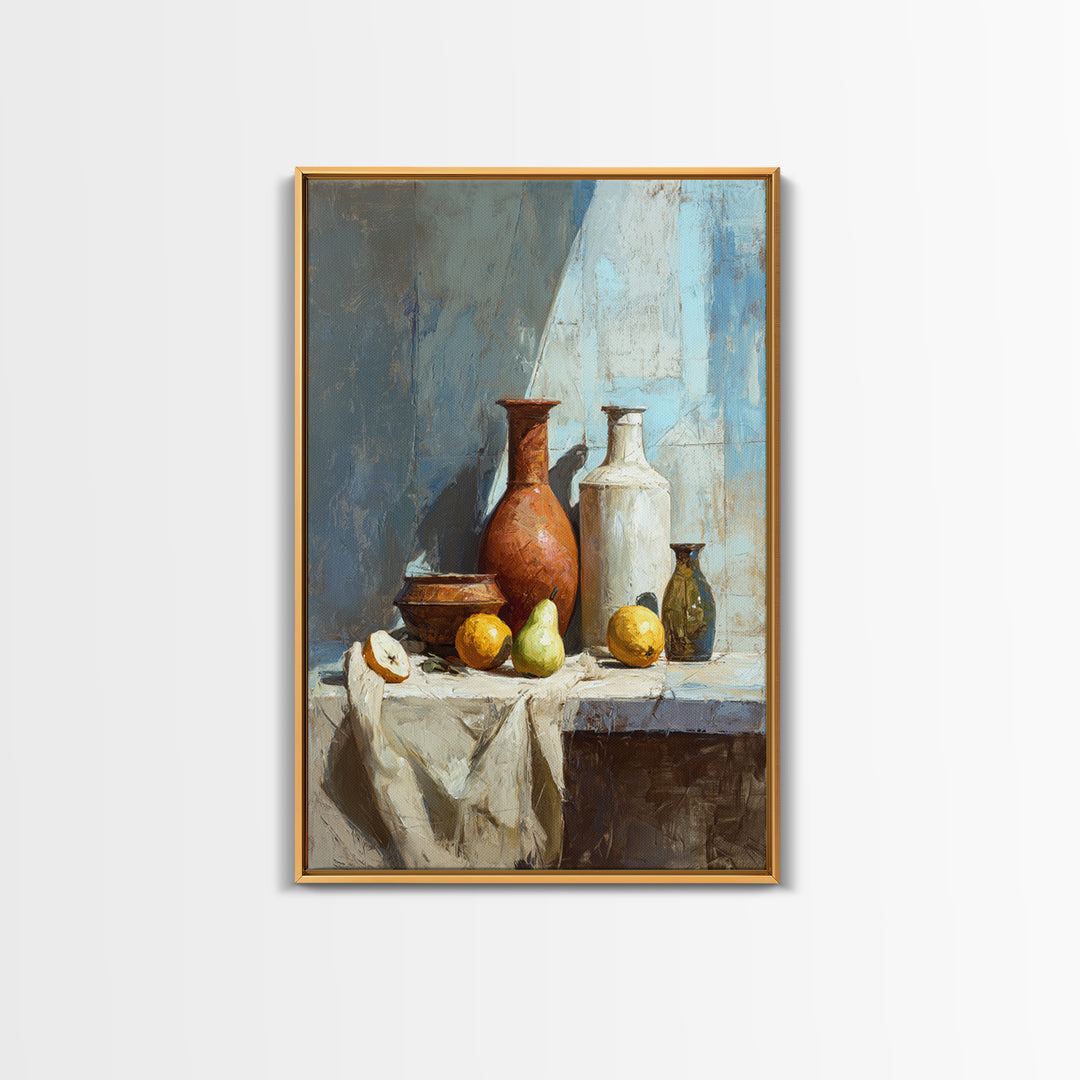 Pear Still Life on Linen Tablecloth Framed Canvas Print, French Country Art, Downloadable Art, Farmhouse Decor, Abstract Art, FCA-2x3-60