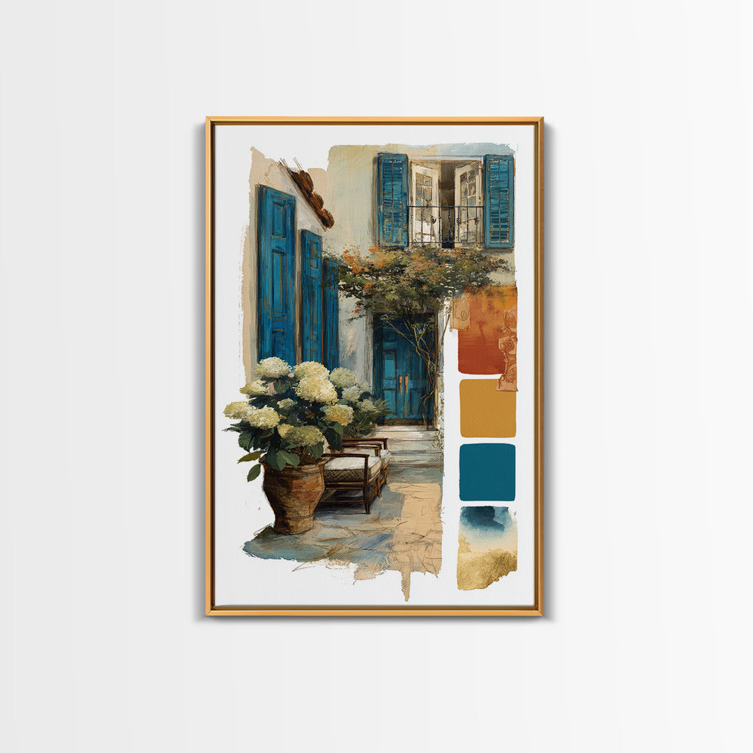 Soft Hydrangeas Beside Antique Shutters Framed Canvas Print, French Country Art, Eclectic Wall Art, Farmhouse Decor, Country, FCA-2x3-64