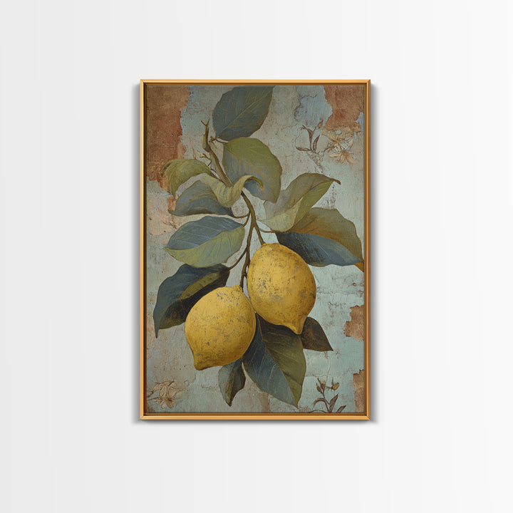 Aged Botanical Plate of Lemons and Leaves Framed Canvas Print, French Country Art, Modern Decor, Farmhouse Decor, Oil Painting, FCA-2x3-68