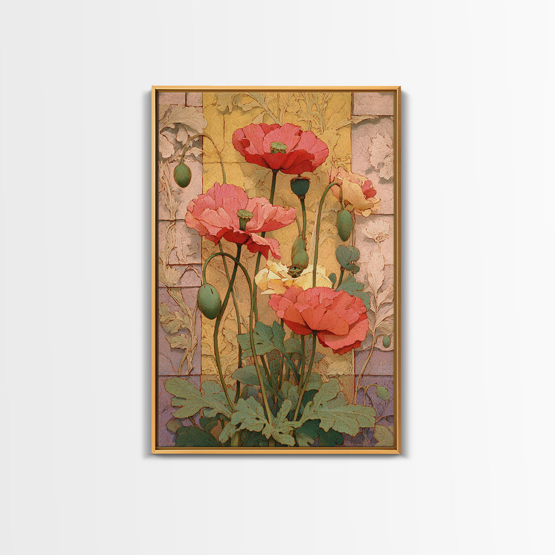 Poppies Beside a Stone Garden Wall Canvas Print, French Country Art, Digital Download Art, Farmhouse Decor, Oil Painting, FCA-2x3-71