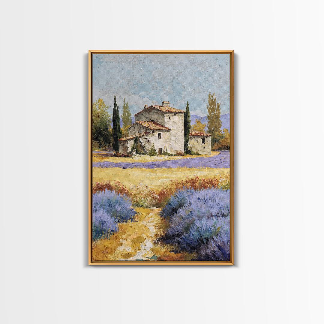Lavender Field with Distant Stone Farmhouse Canvas Print, French Country Art, Minimalist Decor, Farmhouse Decor, Oil Painting, FCA-2x3-81