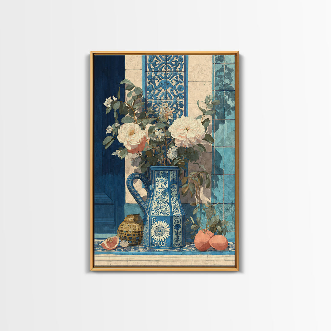 Blue and White Ceramic Pitcher Framed Canvas Print, French Country Art, Boho Decor, Farmhouse Decor, Fine Art, Country, FCA-2x3-83