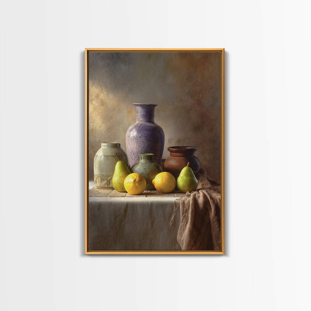 Pear Still Life on Linen Tablecloth Framed Canvas Print, French Country Art, Farmhouse Decor, Abstract Art, Country, FCA-2x3-84