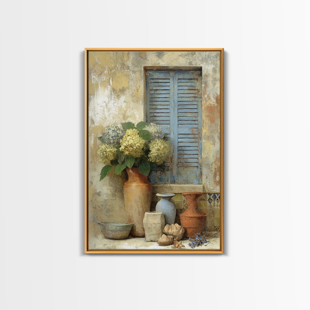 Soft Hydrangeas Beside Antique Shutters Framed Canvas Print, French Country Art, Neutral Decor, Farmhouse Decor, Country, FCA-2x3-88