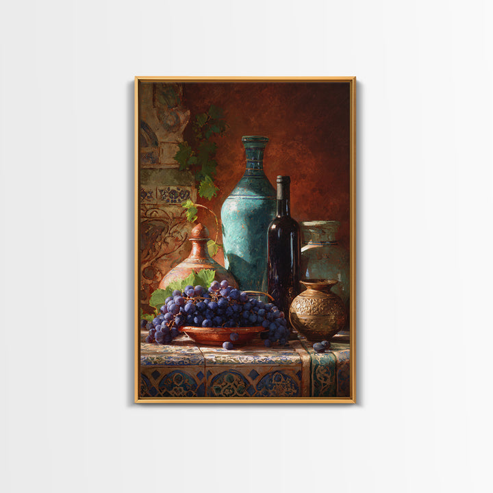 Grapes and Wine Still Life Framed Canvas Print, French Country Art, Wall Art, Farmhouse Decor, Watercolor Art, Country, FCA-2x3-89