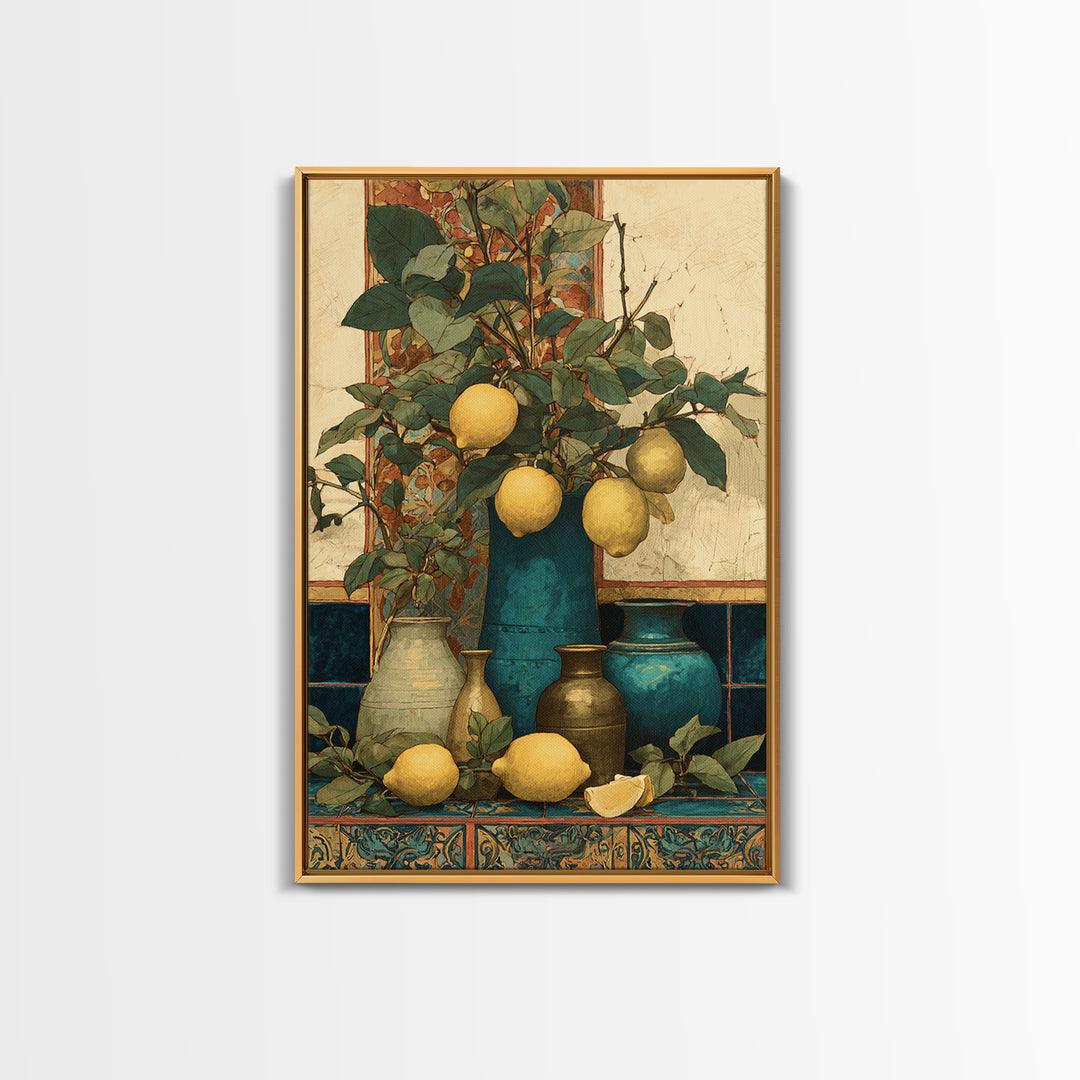 Aged Botanical Plate of Lemons and Leaves Framed Canvas Print, French Country Art, Farmhouse Decor, Fine Art, Country, FCA-2x3-92