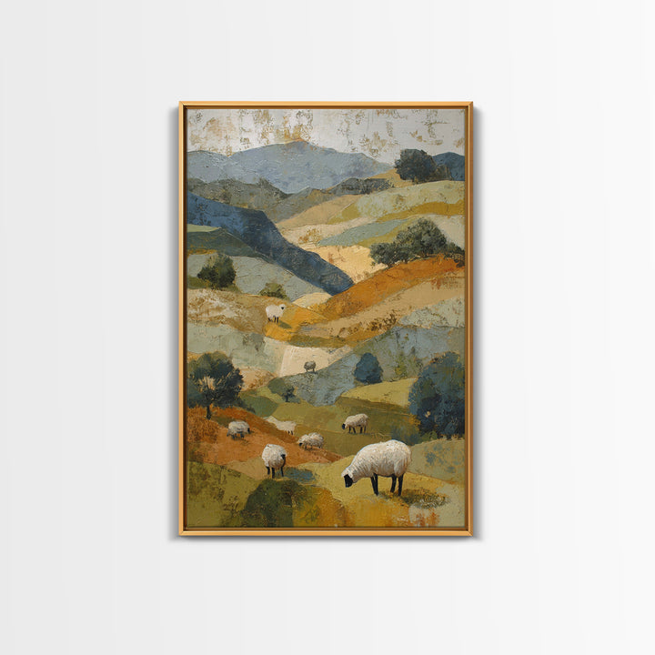 Pastoral Sheep in Rolling Countryside Framed Canvas Print, French Country Art, Textured Painting, Farmhouse Decor, Country, FCA-2x3-94
