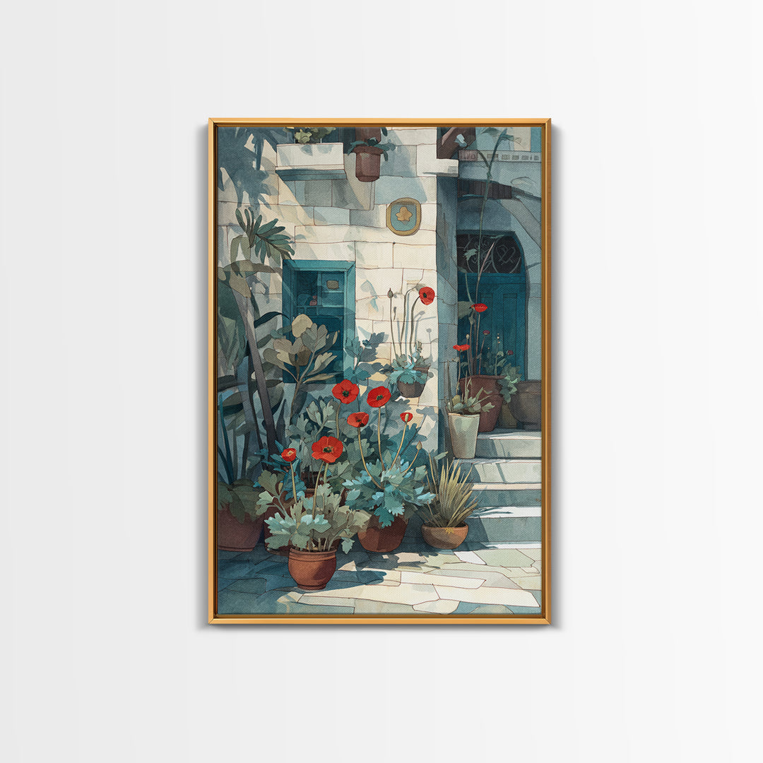 Poppies Beside a Stone Garden Wall Canvas Print, French Country Art, Art Print, Farmhouse Decor, Watercolor Art, Country, FCA-2x3-95