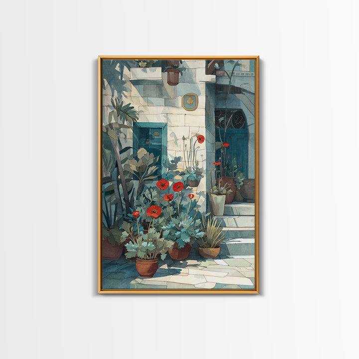 Poppies Beside a Stone Garden Wall Canvas Print, French Country Art, Art Print, Farmhouse Decor, Watercolor Art, Country, FCA-2x3-95