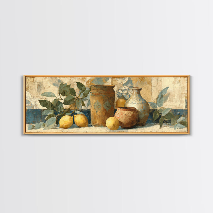 Aged Botanical Plate of Lemons and Leaves Canvas Print, French Country Art, Coastal Wall Art, Farmhouse Decor, Country, FCA-3x1-100