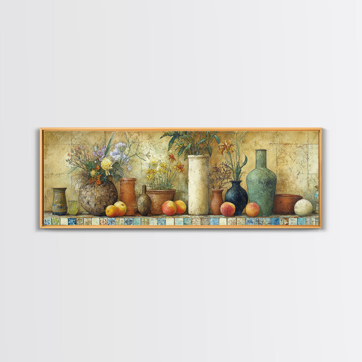 Basket of Fresh Peaches and Wildflowers Framed Canvas Print, French Country Art, Eclectic Wall Art, Farmhouse Decor, Country, FCA-3x1-12