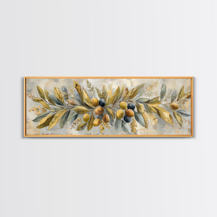 Olive Branch Wreath on Cream Ground Canvas Print, French Country Art, Landscape Painting, Farmhouse Decor, Watercolor Art, FCA-3x1-14