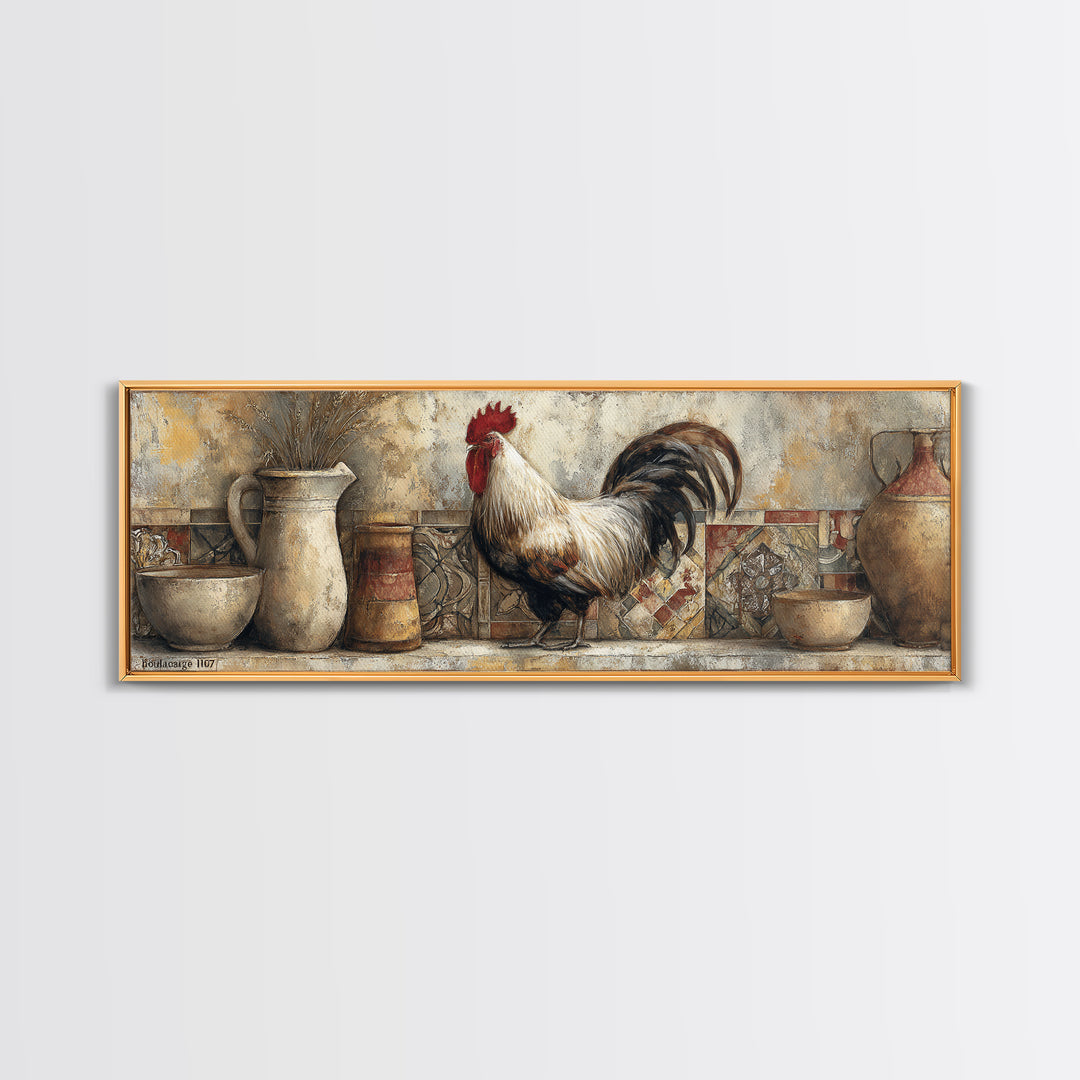 Rooster Portrait in Rustic French Palette Framed Canvas Print, French Country Art, Contemporary Art, Farmhouse Decor, Country, FCA-3x1-18