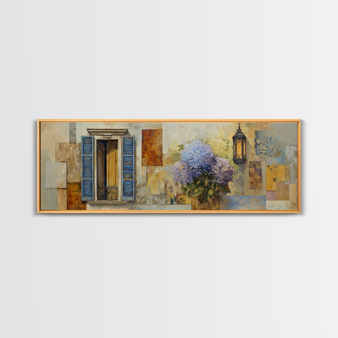 Soft Hydrangeas Beside Antique Shutters Canvas Print, French Country Art, Farmhouse Wall Art, Farmhouse Decor, Country, FCA-3x1-24