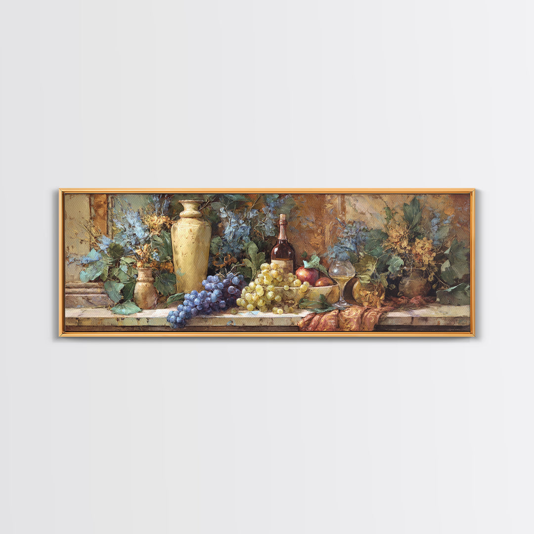 Grapes and Wine Still Life Canvas Print, French Country Art, Oil Painting, Farmhouse Decor, Abstract Art, Country, FCA-3x1-25