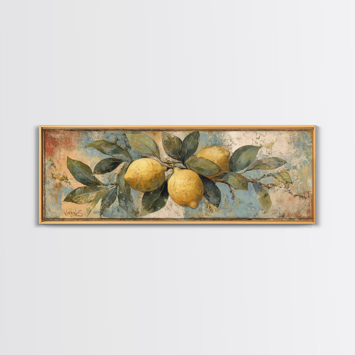 Aged Botanical Plate of Lemons and Leaves Canvas Print, French Country Art, Landscape Wall Art, Farmhouse Decor, Country, FCA-3x1-28