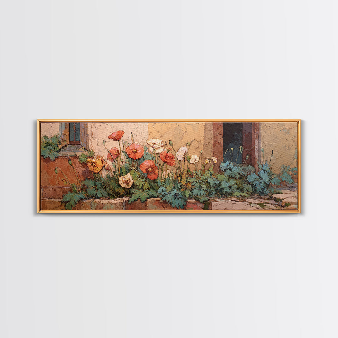 Poppies Beside a Stone Garden Wall Canvas Print, French Country Art, Gallery Decor, Farmhouse Decor, Fine Art, Country, FCA-3x1-31