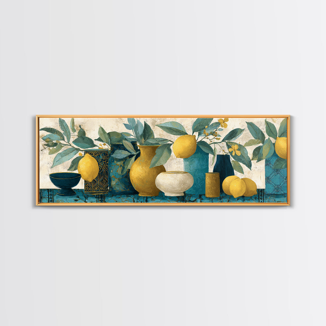 Aged Botanical Plate of Lemons and Leaves Canvas Print, French Country Art, Botanical Wall Art, Farmhouse Decor, Watercolor Art, FCA-3x1-4