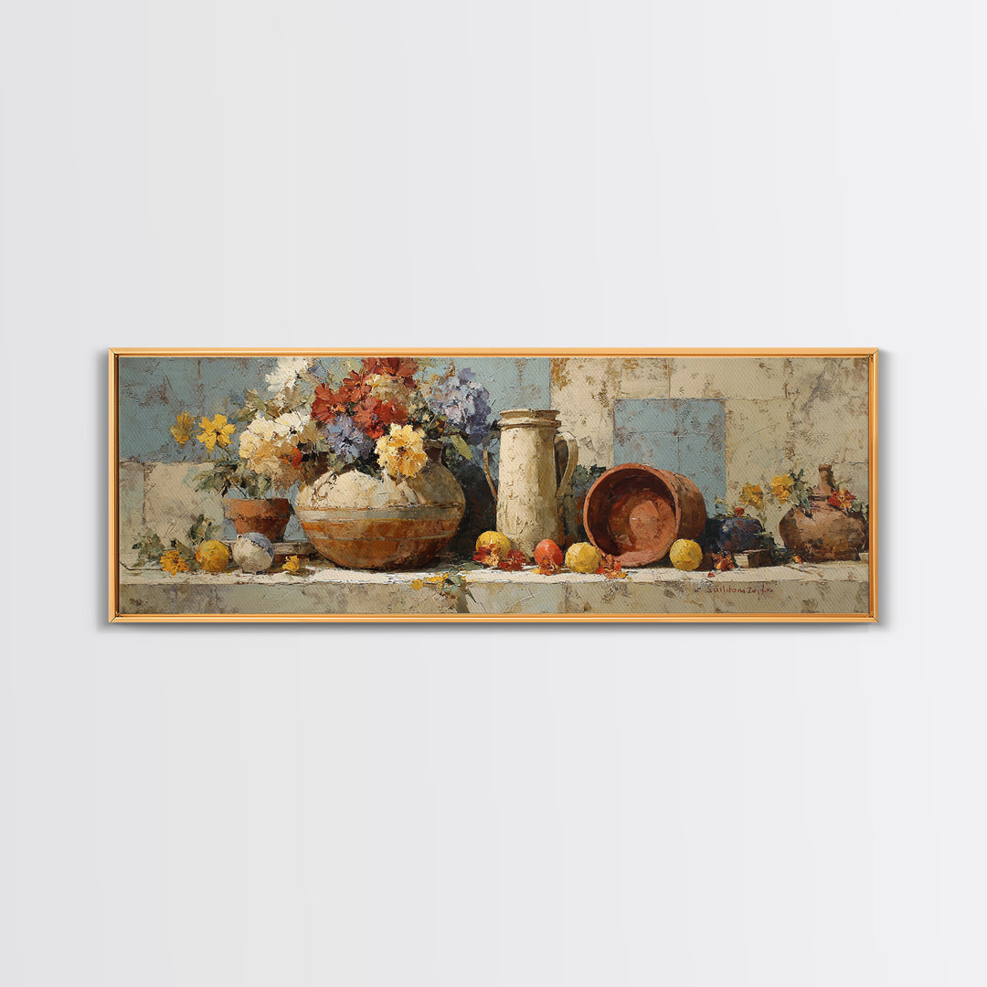 Antique Copper Pot and Flowers Still Life Canvas Print, French Country Art, Digital Download Art, Farmhouse Decor, Oil Painting, FCA-3x1-40