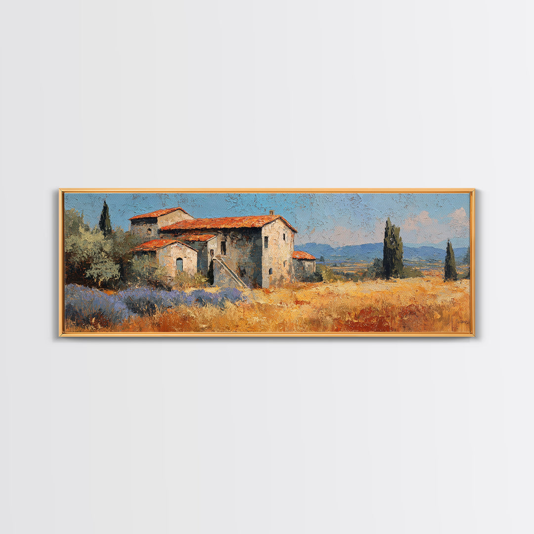 Lavender Field with Distant Stone Farmhouse Canvas Print, French Country Art, Printable Art, Farmhouse Decor, Watercolor Art, FCA-3x1-41