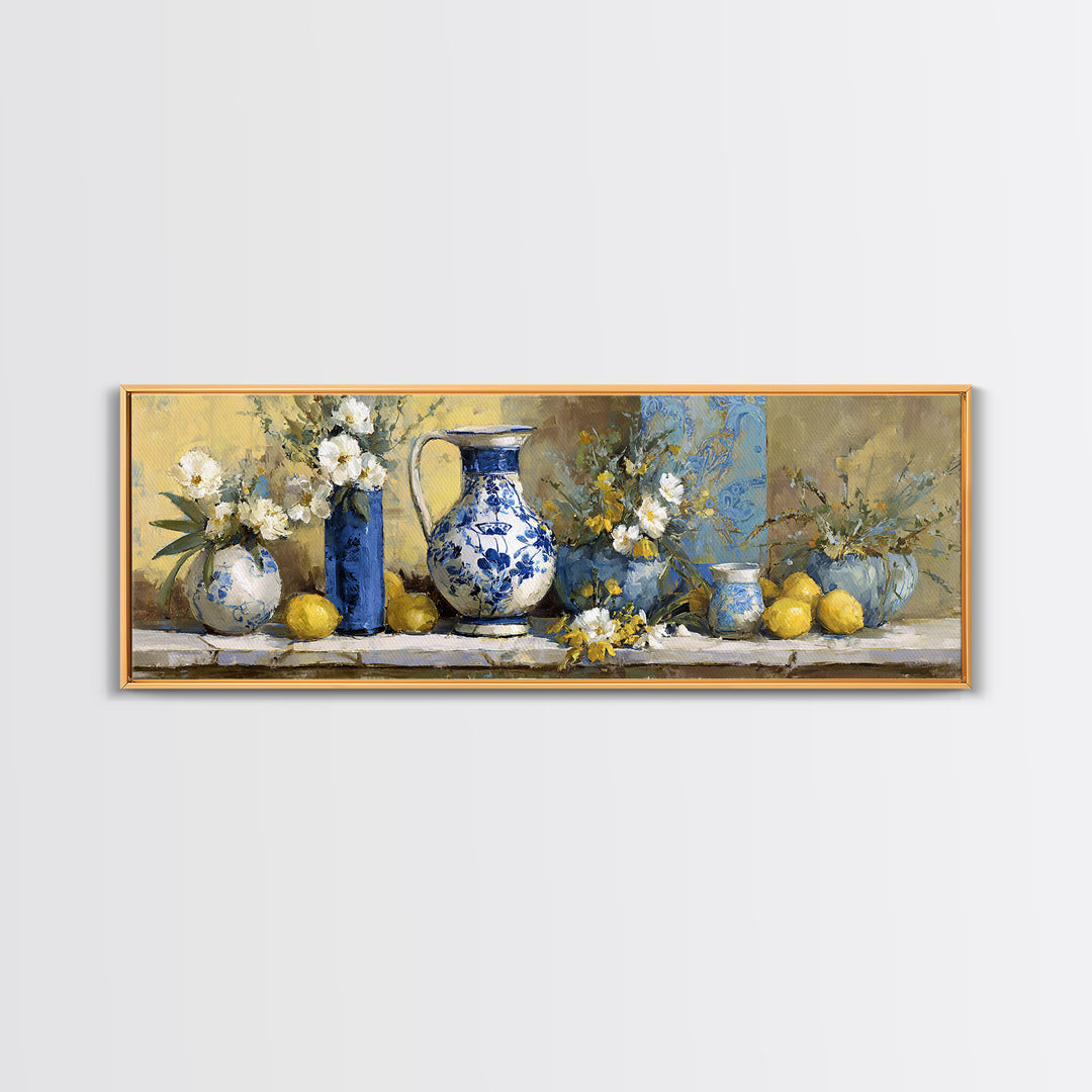 Blue and White Ceramic Pitcher Canvas Print, French Country Art, Art Print, Farmhouse Decor, Country, Digital Wall Art, FCA-3x1-43