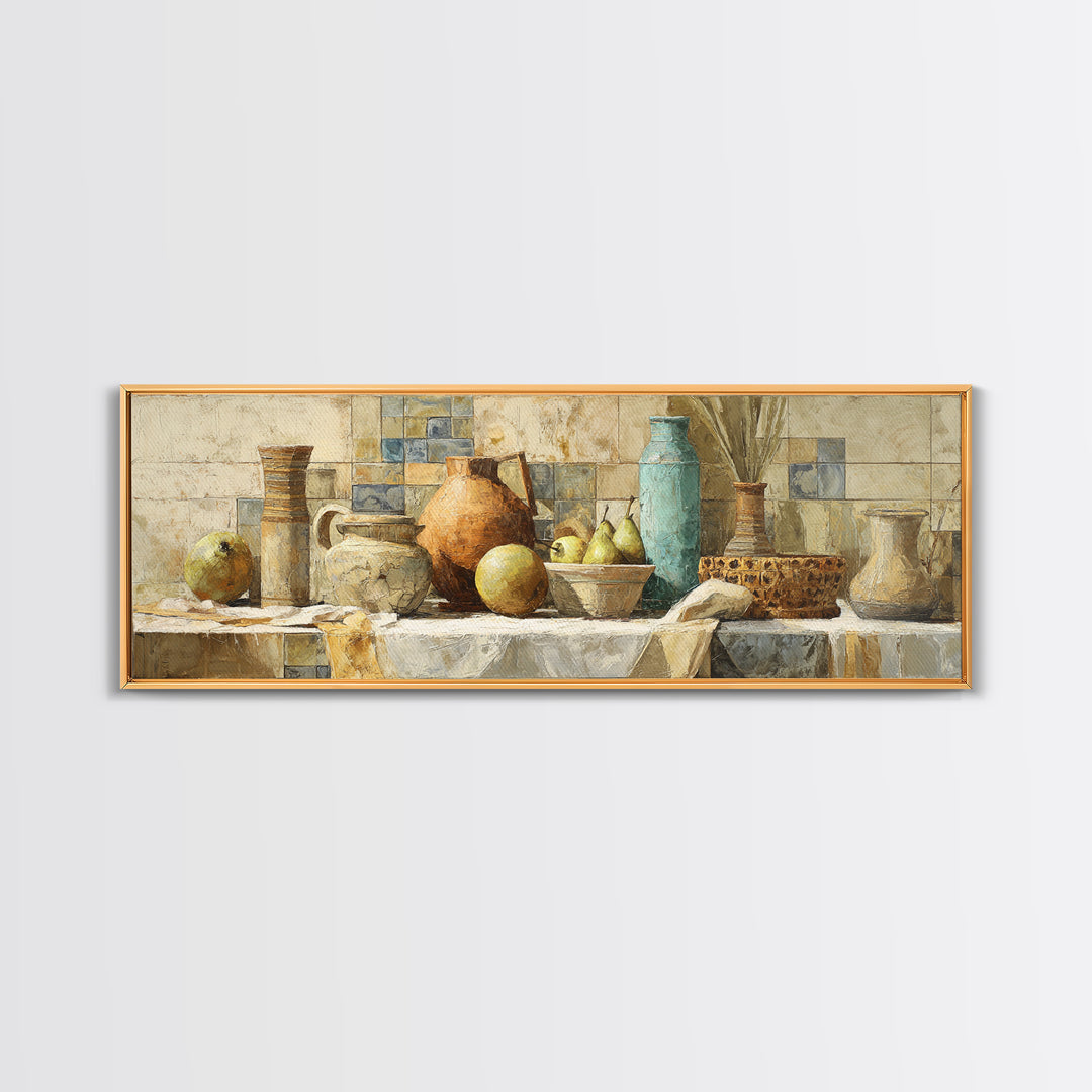 Pear Still Life on Linen Tablecloth Framed Canvas Print, French Country Art, Above Bed Art, Farmhouse Decor, Abstract Art, FCA-3x1-44