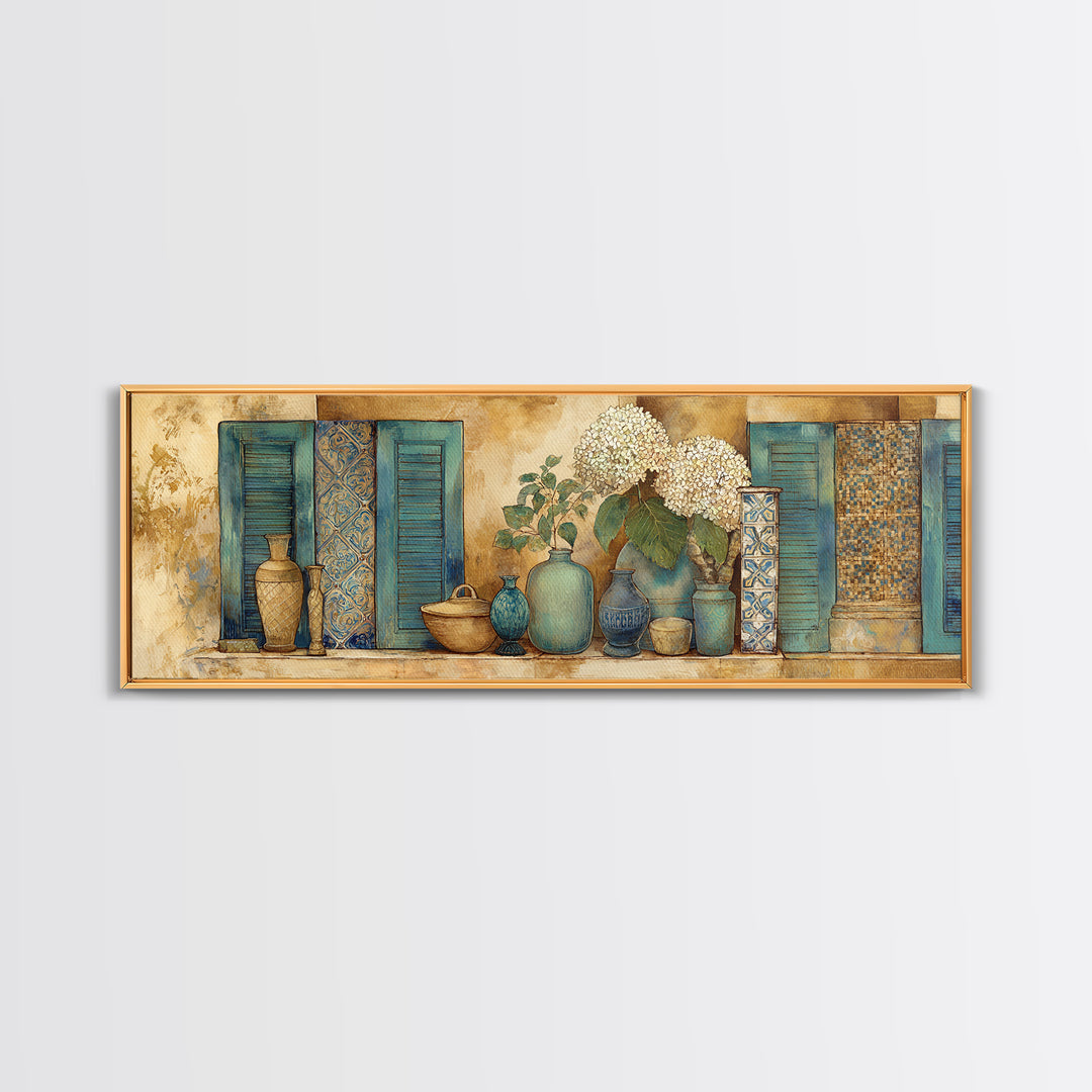 Soft Hydrangeas Beside Antique Shutters Canvas Print, French Country Art, Statement Artwork, Farmhouse Decor, Fine Art, Country, FCA-3x1-48
