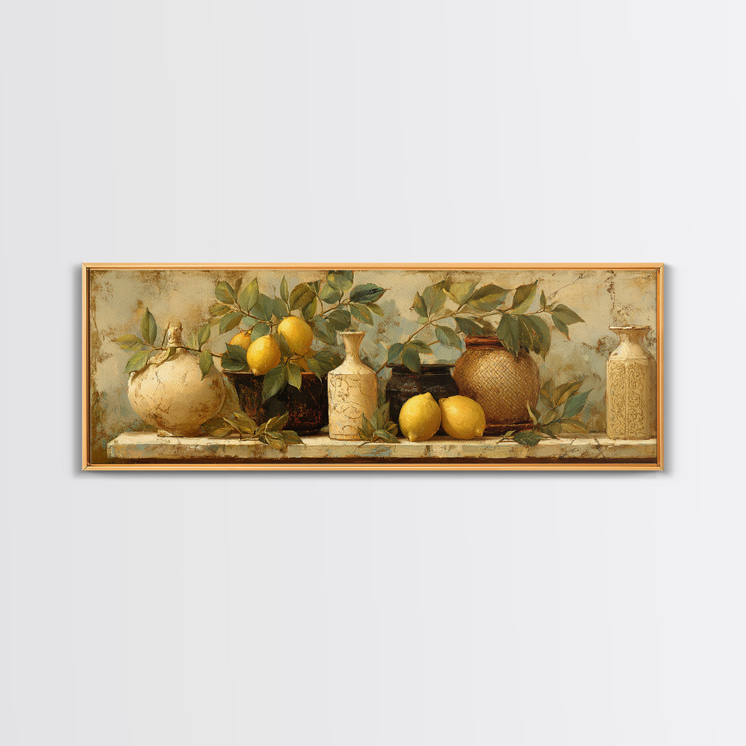 Aged Botanical Plate of Lemons and Leaves Framed Canvas Print, French Country Art, Boho Decor, Farmhouse Decor, Country, FCA-3x1-52