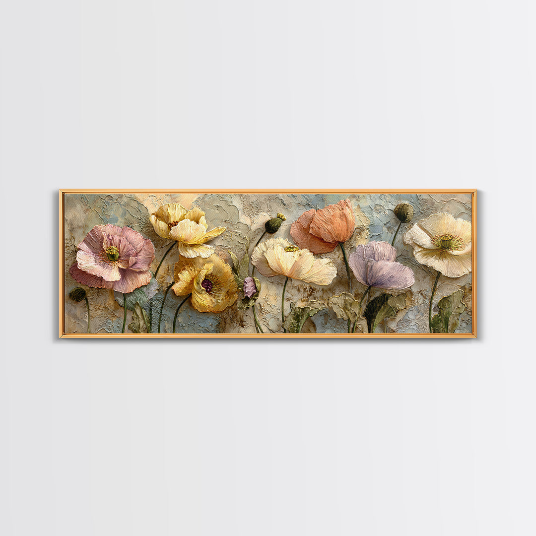 Poppies Beside a Stone Garden Wall Framed Canvas Print, French Country Art, Boho Decor, Farmhouse Decor, Oil Painting, Country, FCA-3x1-55