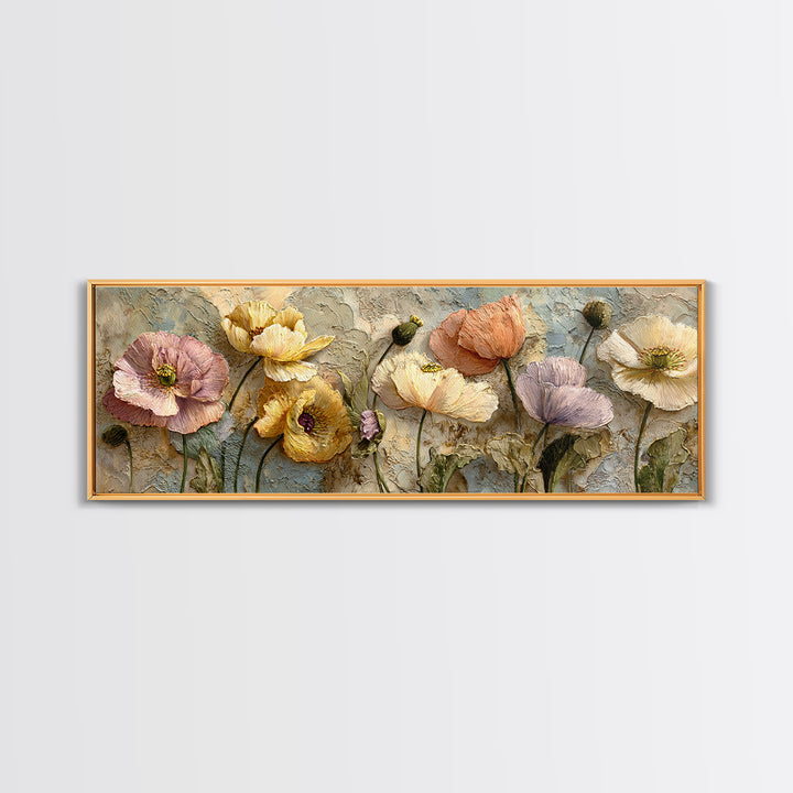 Poppies Beside a Stone Garden Wall Framed Canvas Print, French Country Art, Boho Decor, Farmhouse Decor, Oil Painting, Country, FCA-3x1-55