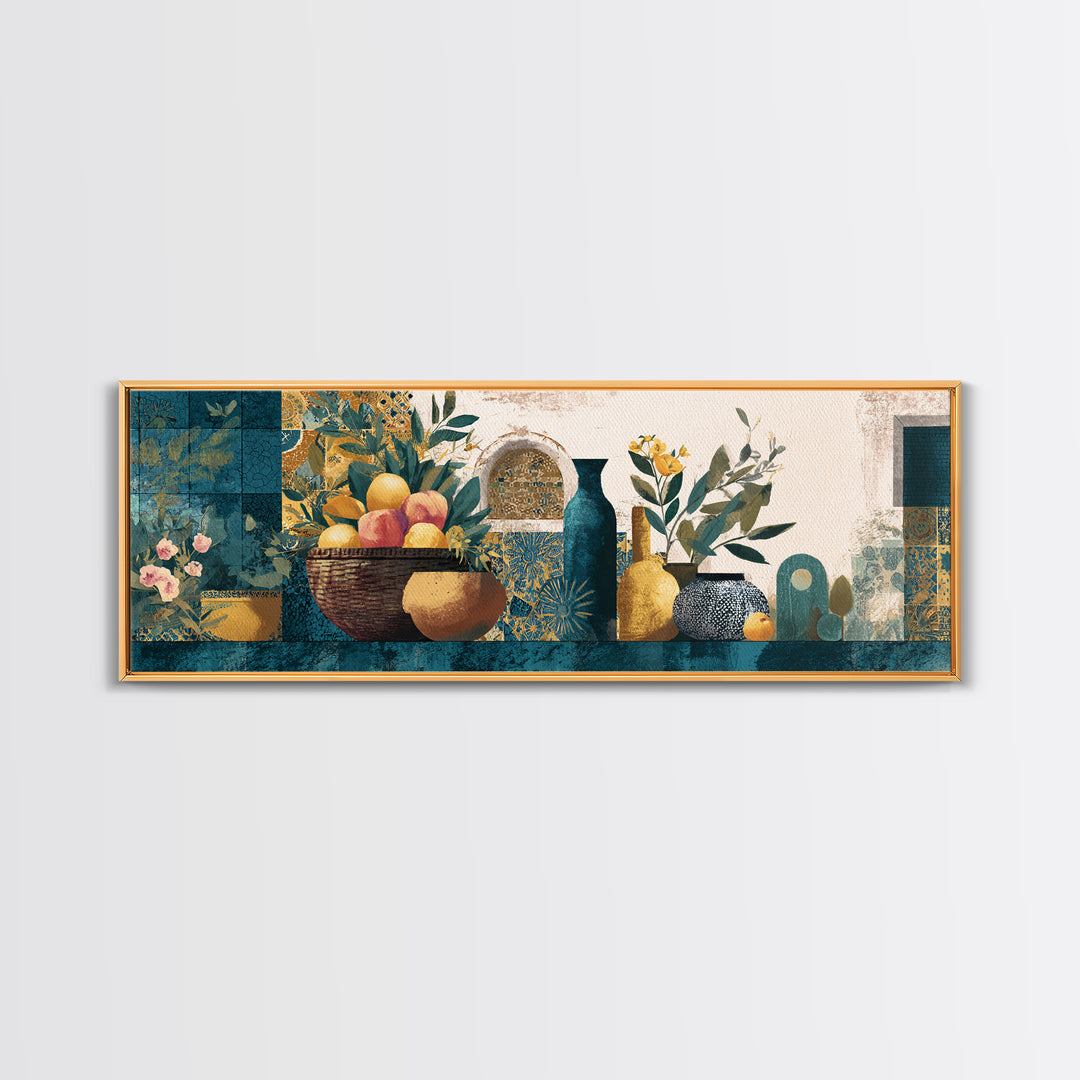 Basket of Fresh Peaches and Wildflowers Framed Canvas Print, French Country Art, Neutral Decor, Farmhouse Decor, Oil Painting, FCA-3x1-60