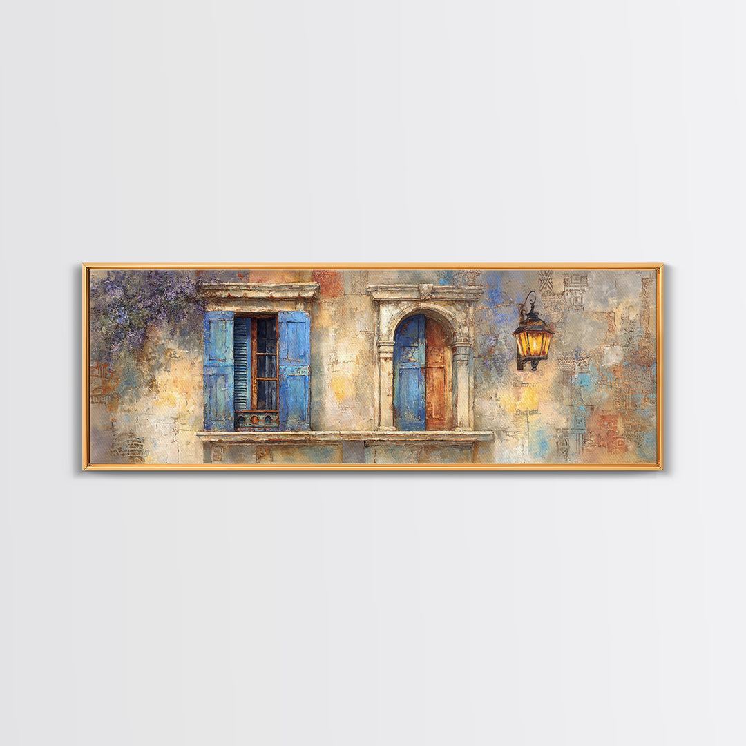 Weathered Window with Blue Shutters Canvas Print, French Country Art, Home Decor Gift, Farmhouse Decor, Oil Painting, Country, FCA-3x1-61