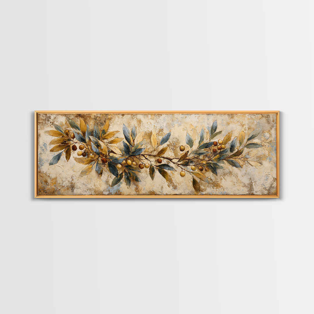 Olive Branch Wreath on Cream Ground Canvas Print, French Country Art, Landscape Painting, Farmhouse Decor, Fine Art, Country, FCA-3x1-62