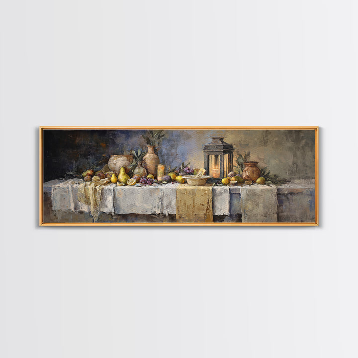 Pear Still Life on Linen Tablecloth Framed Canvas Print, French Country Art, Room Decor, Farmhouse Decor, Abstract Art, Country, FCA-3x1-68