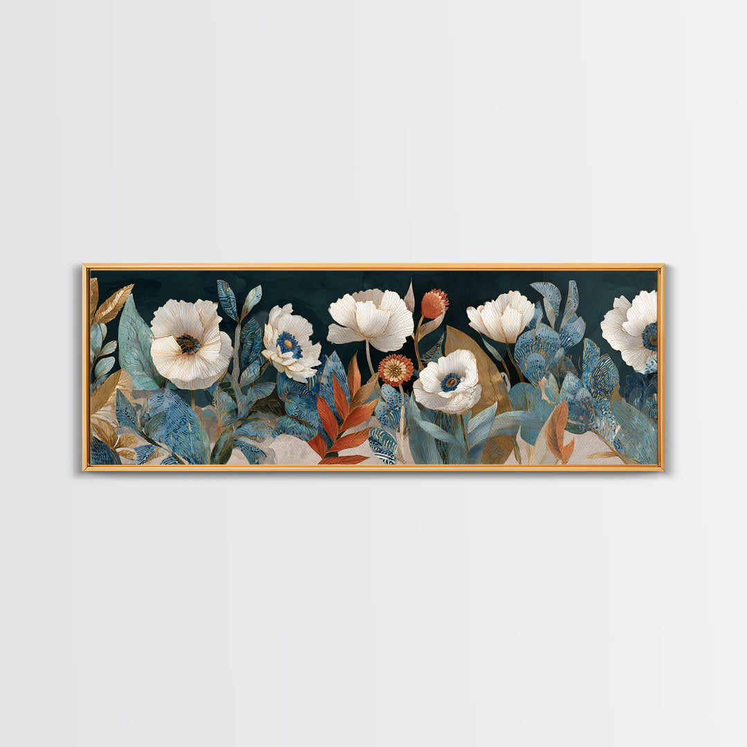 Poppies Beside a Stone Garden Wall Framed Canvas Print, French Country Art, Landscape Wall Art, Farmhouse Decor, Country, FCA-3x1-7