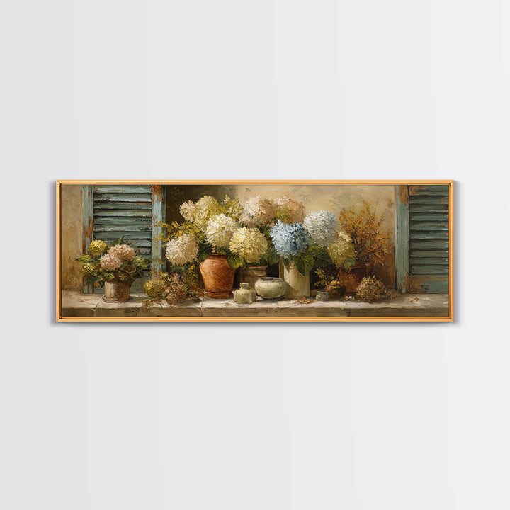 Soft Hydrangeas Beside Antique Shutters Framed Canvas Print, French Country Art, Textured Painting, Farmhouse Decor, Country, FCA-3x1-72