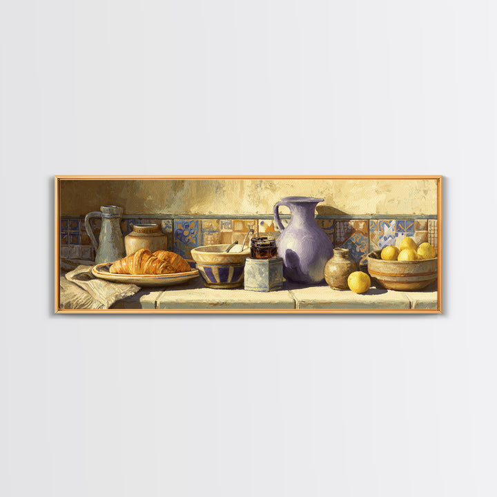 Caf Au Lait Bowl Framed Canvas Print, French Country Art, Digital Wall Art, Farmhouse Decor, Oil Painting, Country, FCA-3x1-74