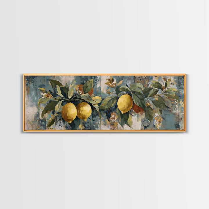 Aged Botanical Plate of Lemons and Leaves Canvas Print, French Country Art, Farmhouse Decor, Oil Painting, Country, FCA-3x1-76