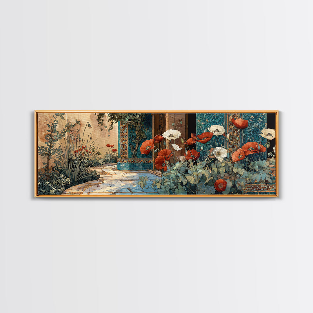 Poppies Beside a Stone Garden Wall Framed Canvas Print, French Country Art, Digital Art, Farmhouse Decor, Watercolor Art, FCA-3x1-79