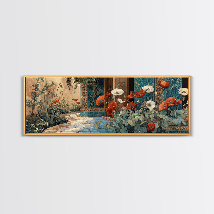 Poppies Beside a Stone Garden Wall Framed Canvas Print, French Country Art, Digital Art, Farmhouse Decor, Watercolor Art, FCA-3x1-79