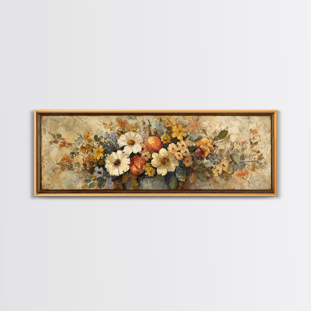 Basket of Fresh Peaches and Wildflowers Canvas Print, French Country Art, Contemporary Art, Farmhouse Decor, Country, FCA-3x1-84