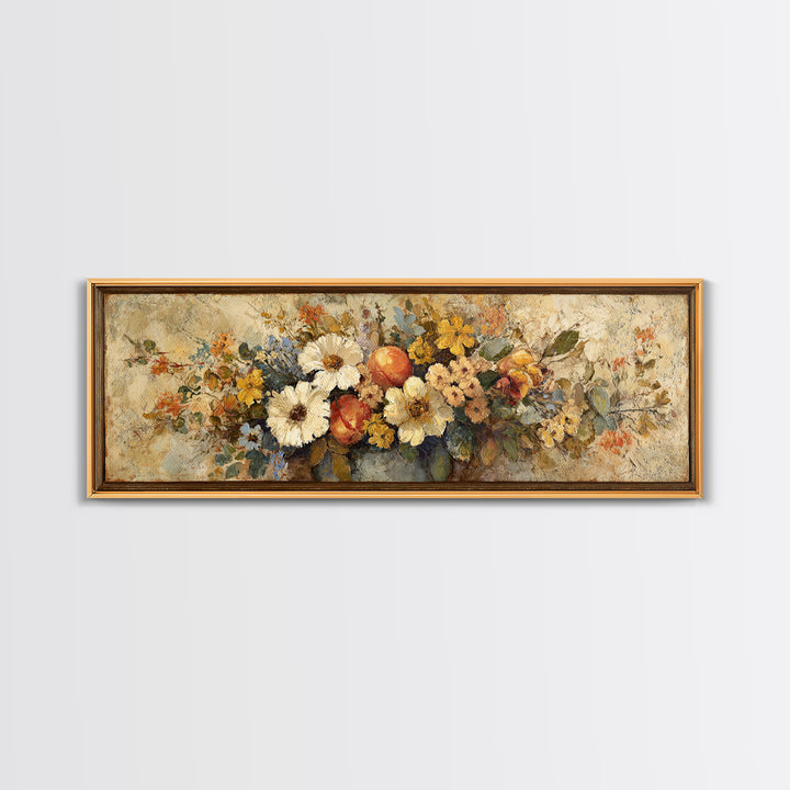 Basket of Fresh Peaches and Wildflowers Canvas Print, French Country Art, Contemporary Art, Farmhouse Decor, Country, FCA-3x1-84