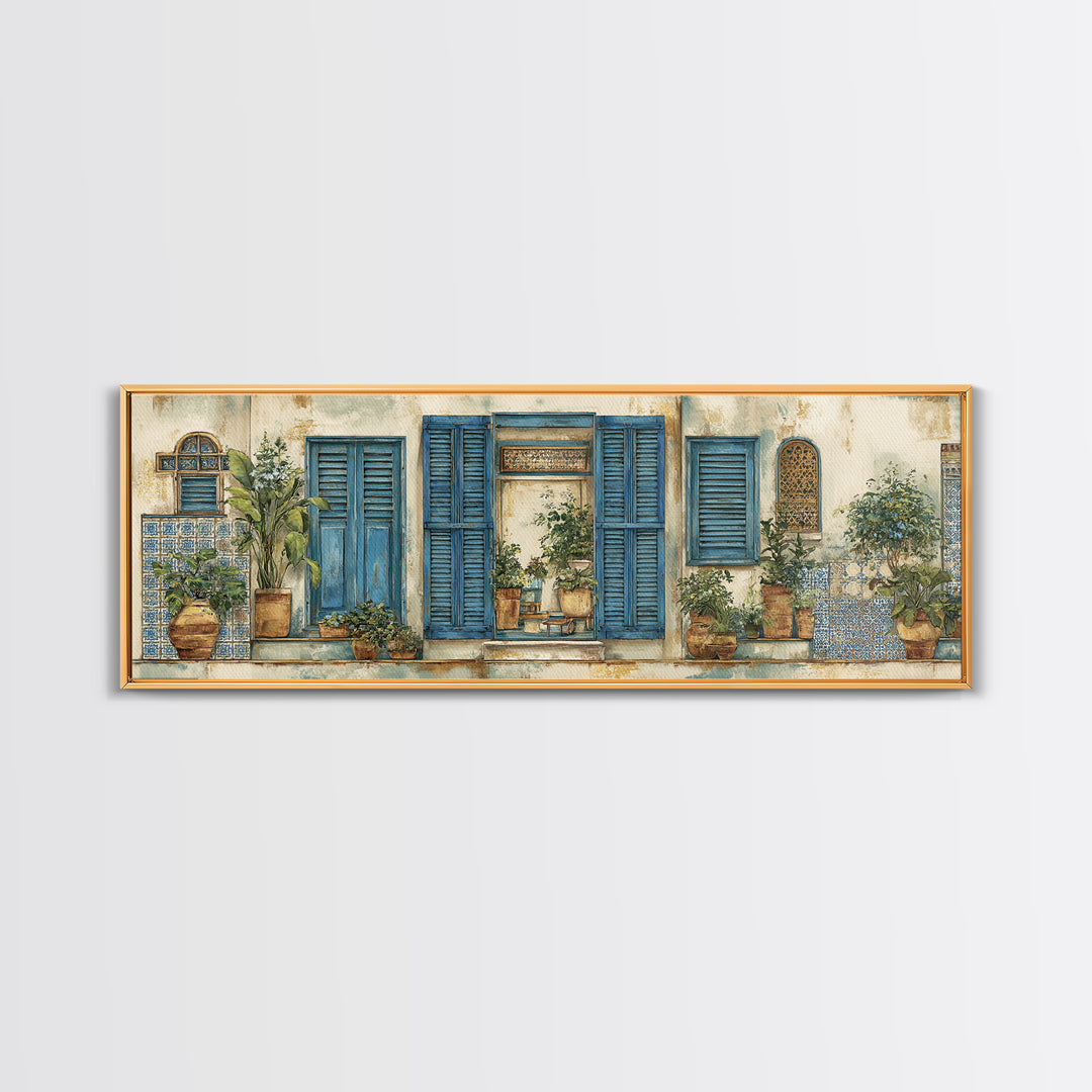 Weathered Window with Blue Shutters Canvas Print, French Country Art, Home Decor Gift, Farmhouse Decor, Oil Painting, Country, FCA-3x1-85