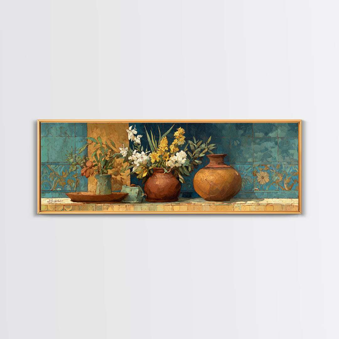 Antique Copper Pot and Flowers Still Life Canvas Print, French Country Art, Art Print, Farmhouse Decor, Watercolor Art, Country, FCA-3x1-88