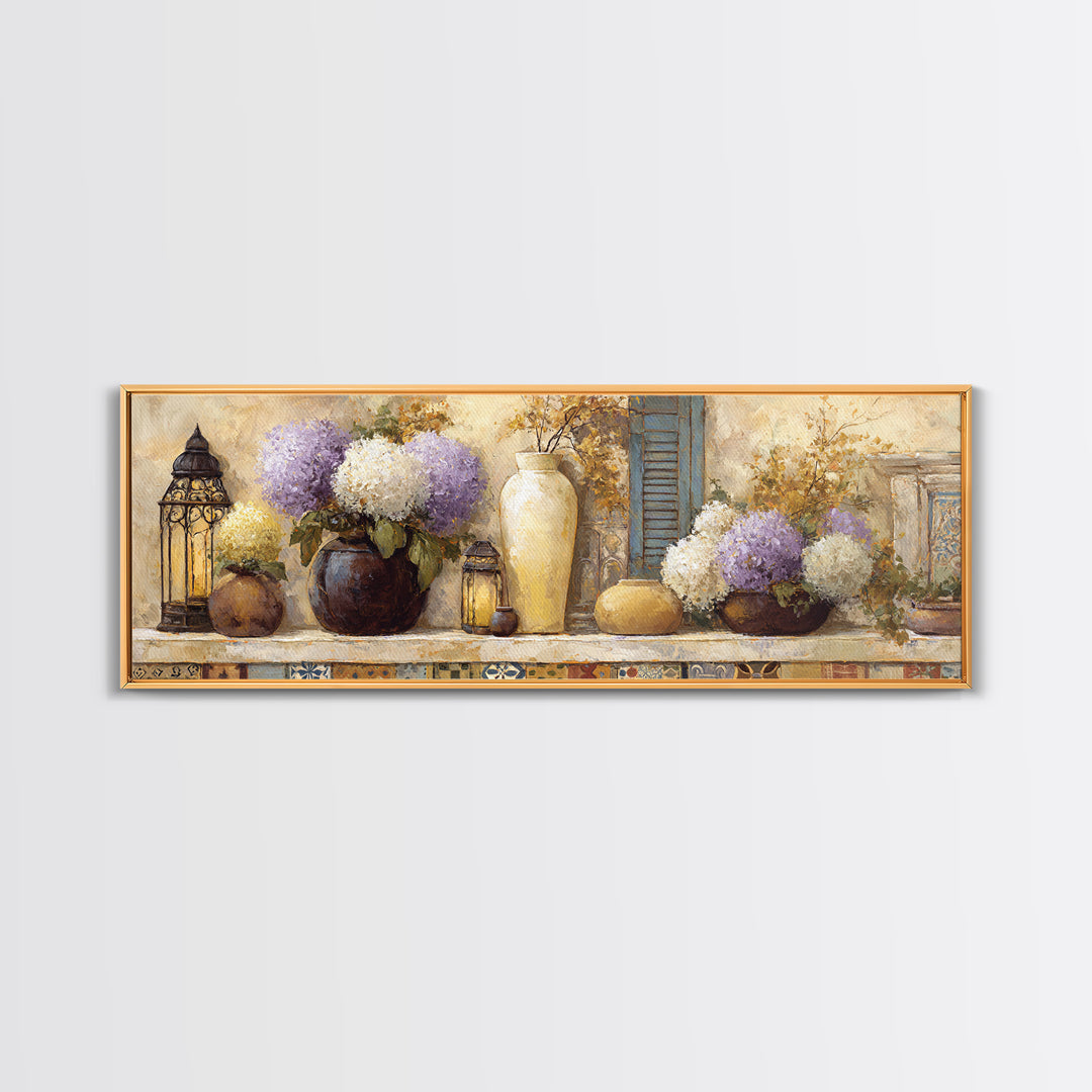 Soft Hydrangeas Beside Antique Shutters Canvas Print, French Country Art, Botanical Prints, Farmhouse Decor, Fine Art, Country, FCA-3x1-96