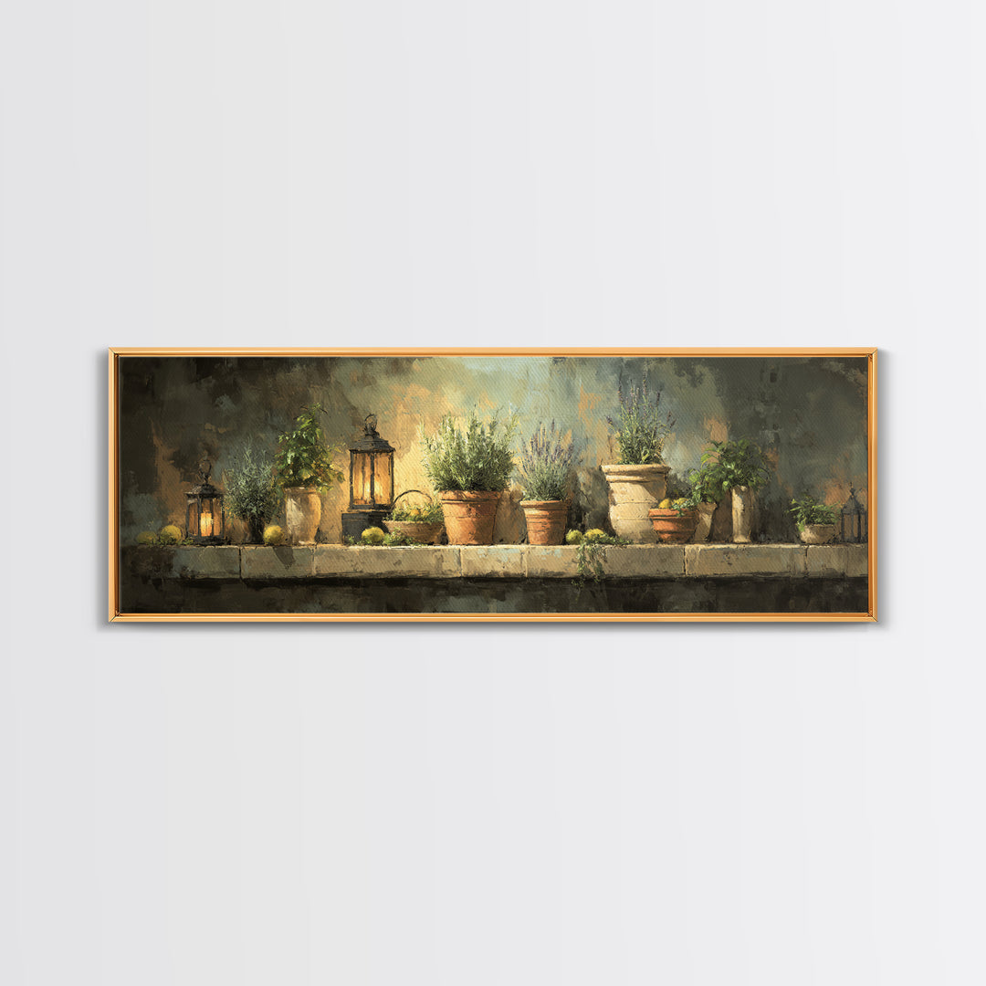 Terra Cotta Pots Framed Canvas Print, French Country Art, Eclectic Wall Art, Farmhouse Decor, Fine Art, Country, Modern Decor, FCA-3x1-99