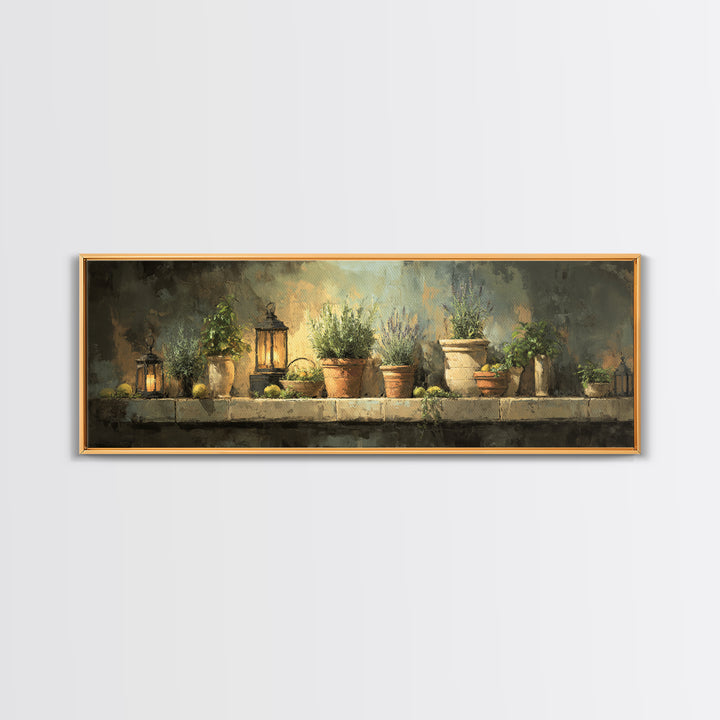 Terra Cotta Pots Framed Canvas Print, French Country Art, Eclectic Wall Art, Farmhouse Decor, Fine Art, Country, Modern Decor, FCA-3x1-99