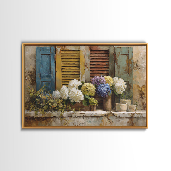 Soft Hydrangeas Beside Antique Shutters Canvas Print, French Country Art, Luxury Decor, Farmhouse Decor, Fine Art, Country, FCA-3x2-12